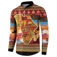 Men's Christmas button sweatshirt, colorful map and landscape print with black trim
