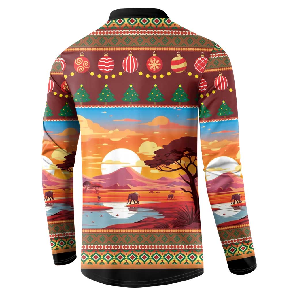 Men's Christmas button sweatshirt, back view with ornaments, landscape, and black cuffs