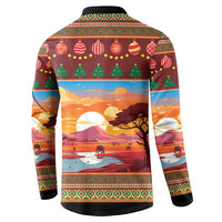 Men's Christmas button sweatshirt, back view with ornaments, landscape, and black cuffs
