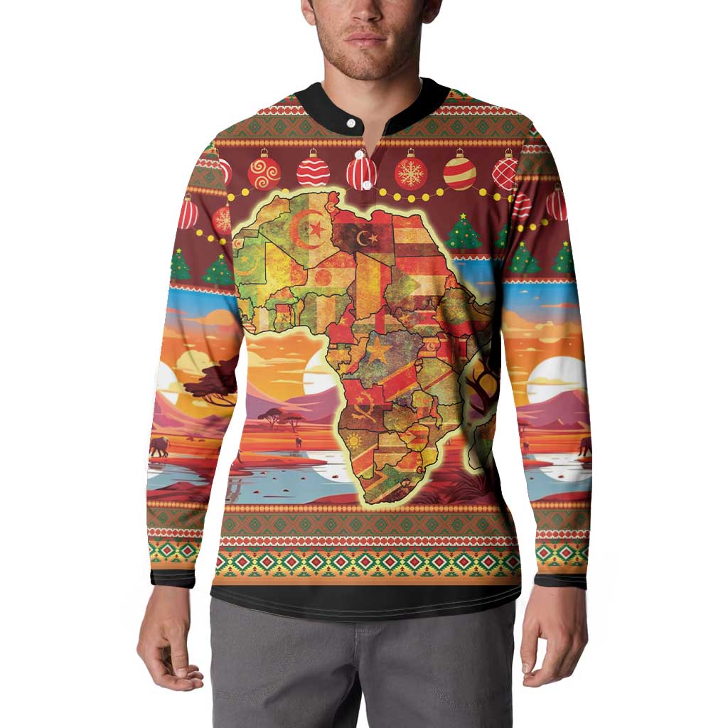 Men's Christmas button sweatshirt with map and festive border print, black collar