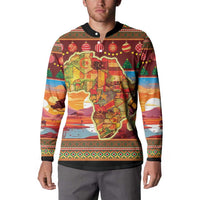 Men's Christmas button sweatshirt with map and festive border print, black collar