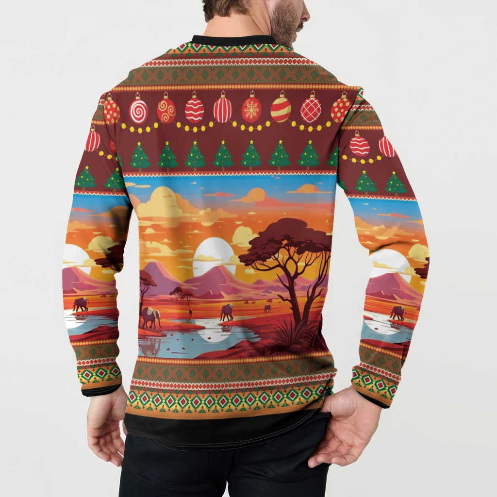 Men's Christmas button sweatshirt, back view with ornaments and landscape print, black cuffs