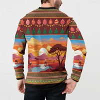 Men's Christmas button sweatshirt, back view with ornaments and landscape print, black cuffs