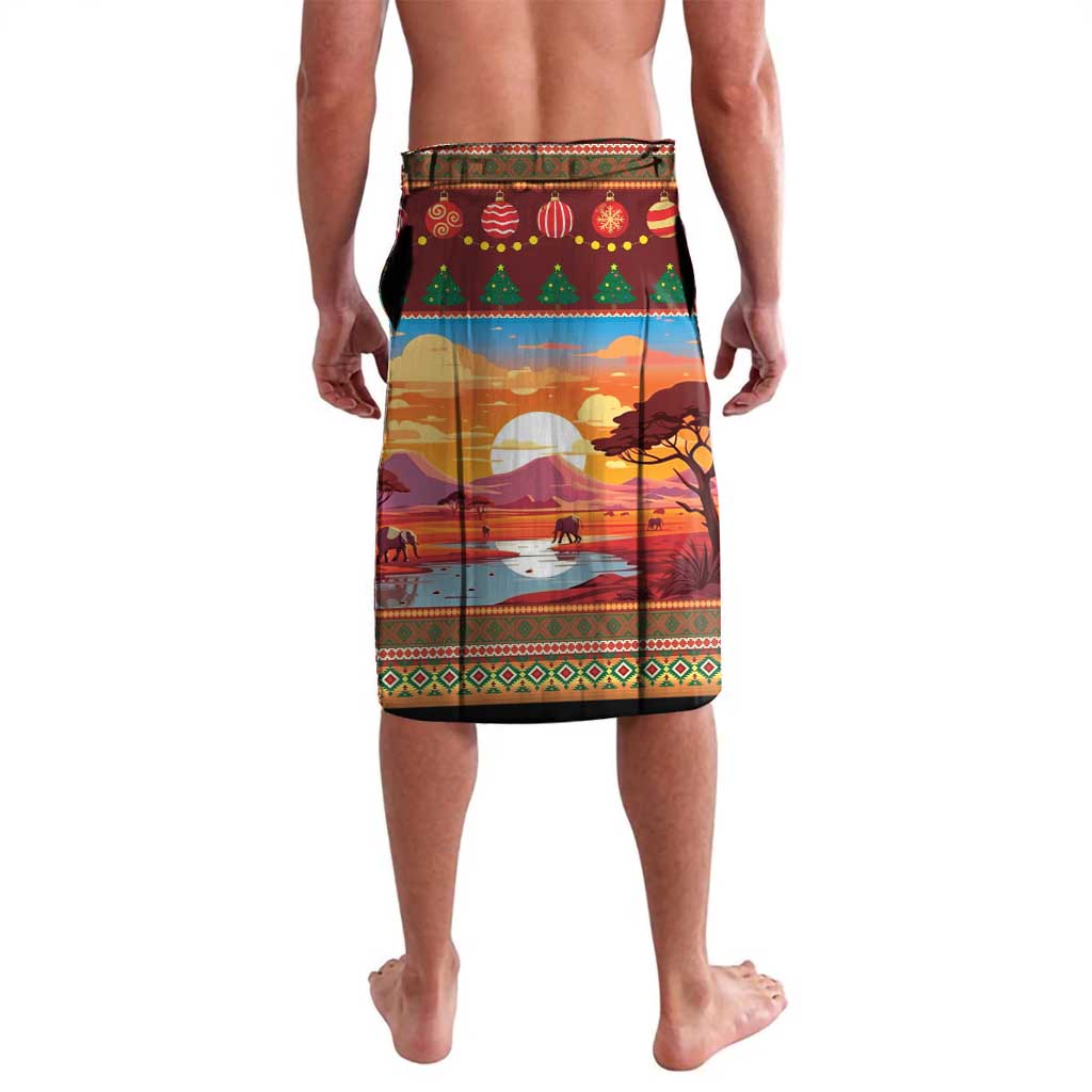 Men's red patterned lavalava with landscape scene print, green trim, and border