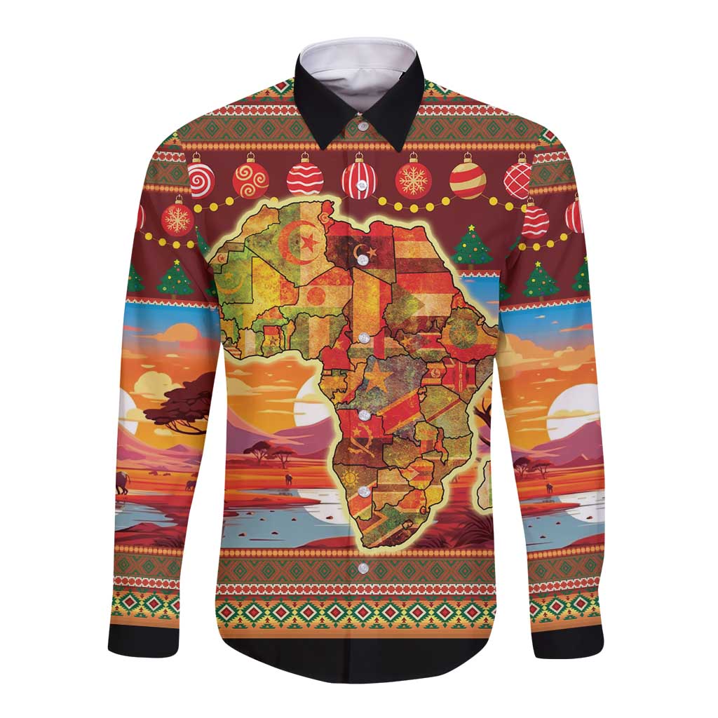 Unisex long-sleeve button shirt with black collar and festive Africa map print