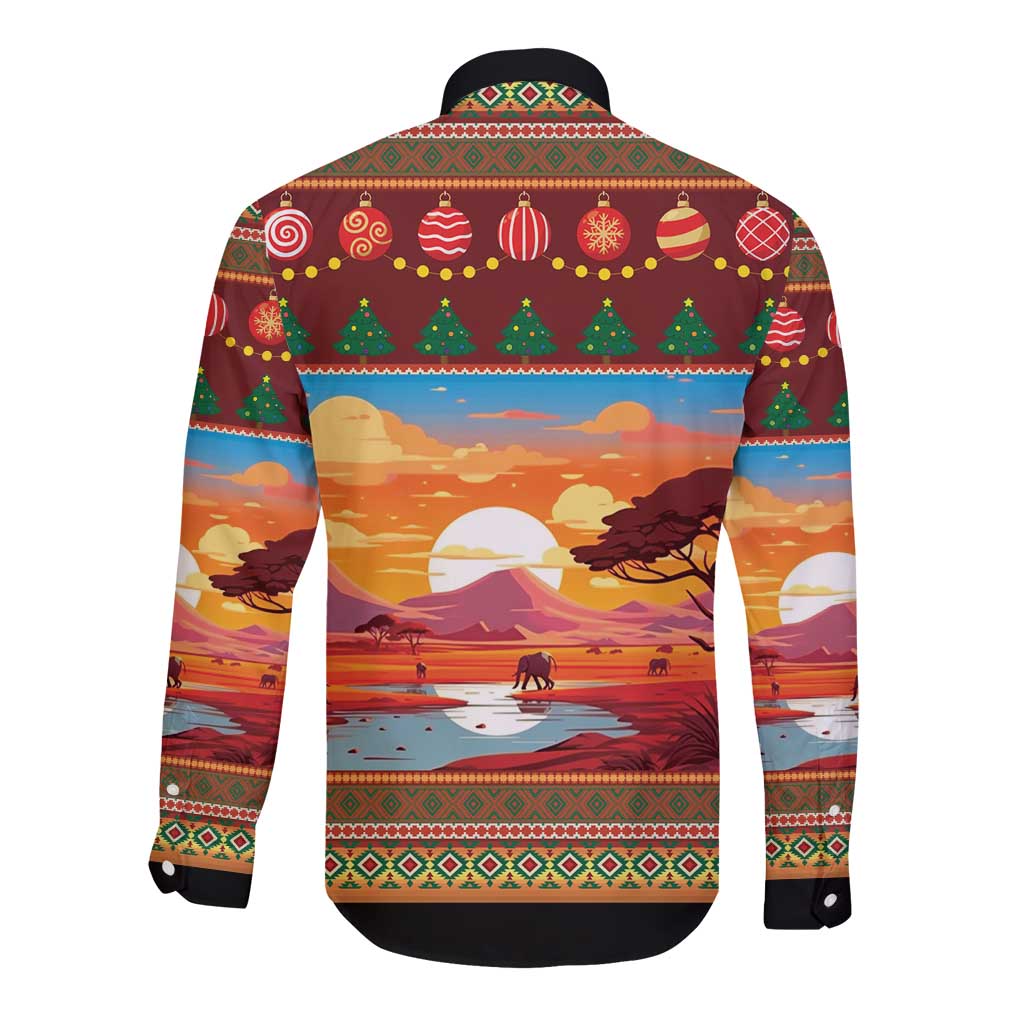 Unisex long-sleeve button shirt, black collar, festive holiday ornaments and landscape back print
