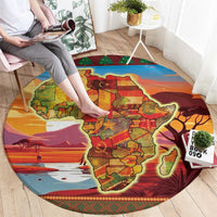 Round area rug with large Africa map graphic and sunset silhouettes, patterned edge