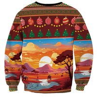 Unisex red Christmas sweatshirt with African landscape scene and striped holiday border