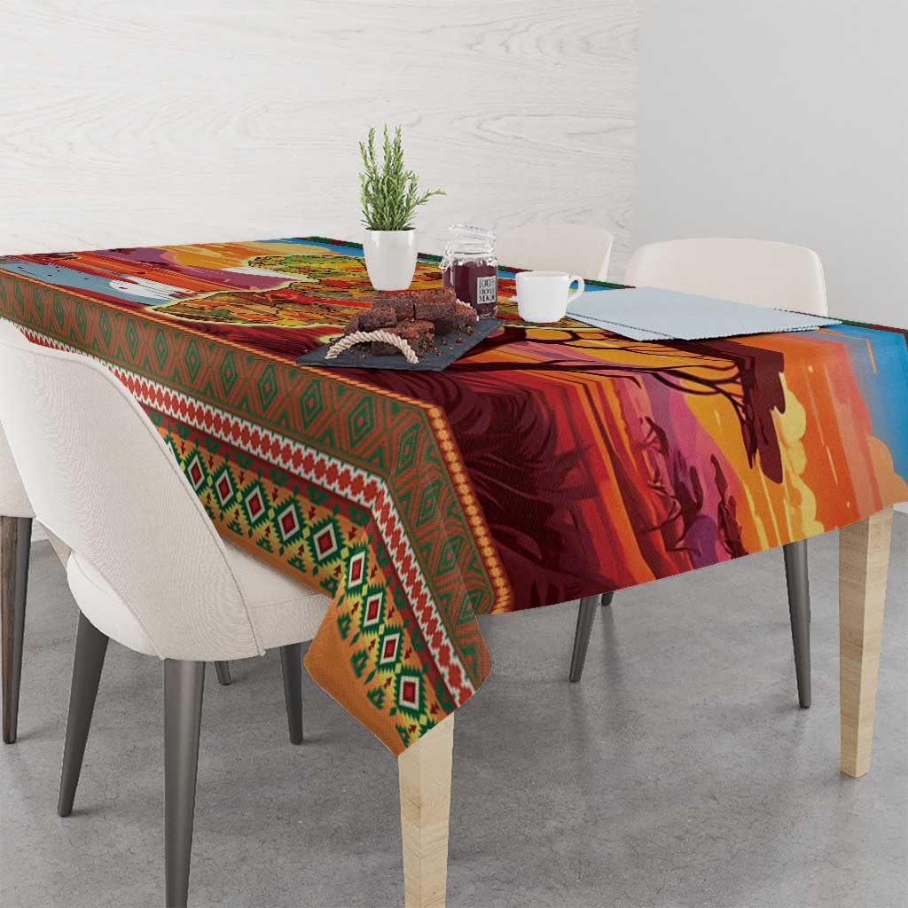 Christmas tablecloth with red and orange leaf-like motif and green geometric edge