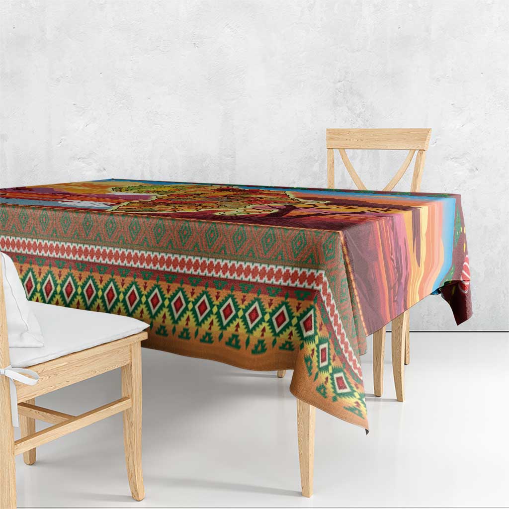 Christmas tablecloth corner over bench, featuring green tree and diamond pattern