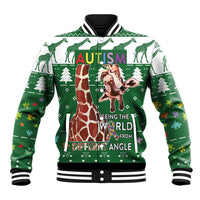 Green baseball jacket with black rib trim, giraffe and dog graphic, AUTISM text