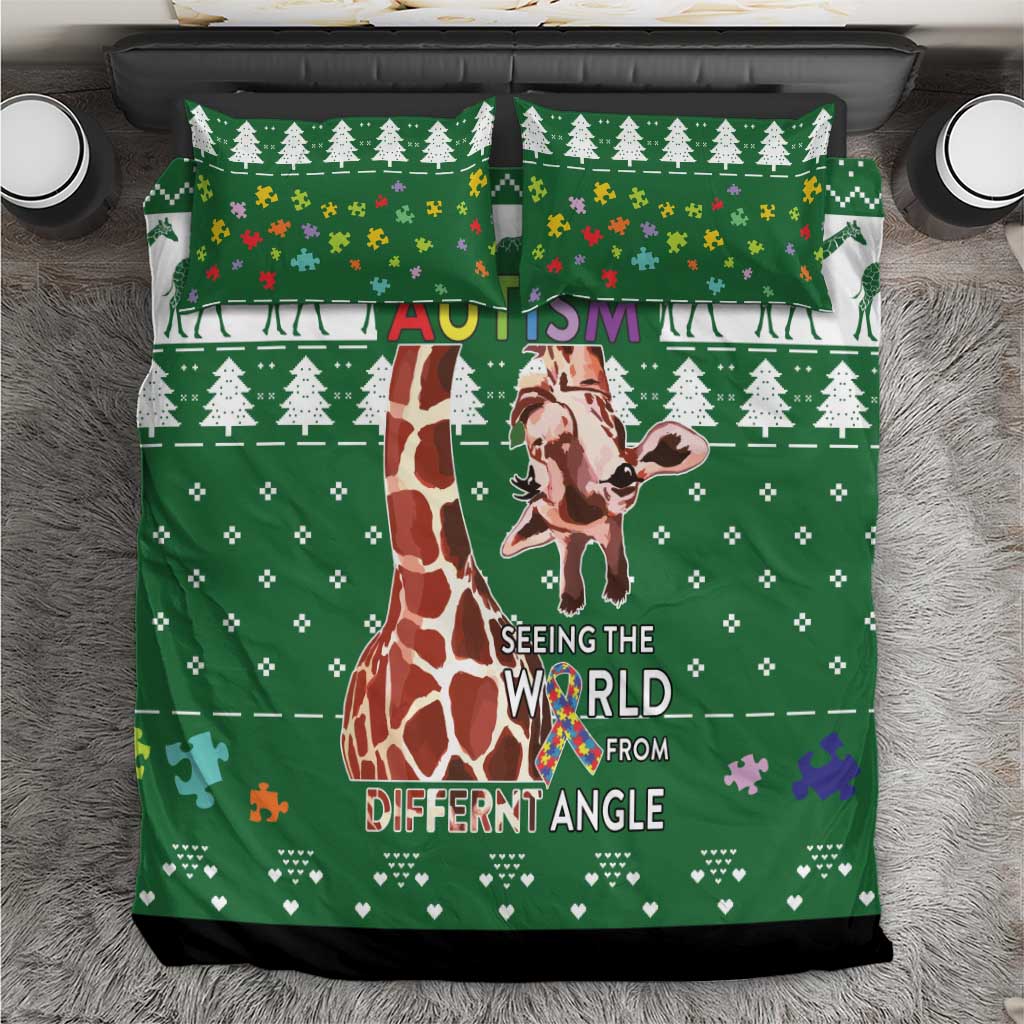 Green autism-themed bedding set with giraffe and trees on green duvet and two pillowcases