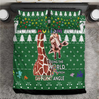 Green autism-themed bedding set with giraffe and trees on green duvet and two pillowcases