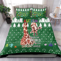 Green autism-themed bedding set with giraffe art, trees, and colorful 'world' text