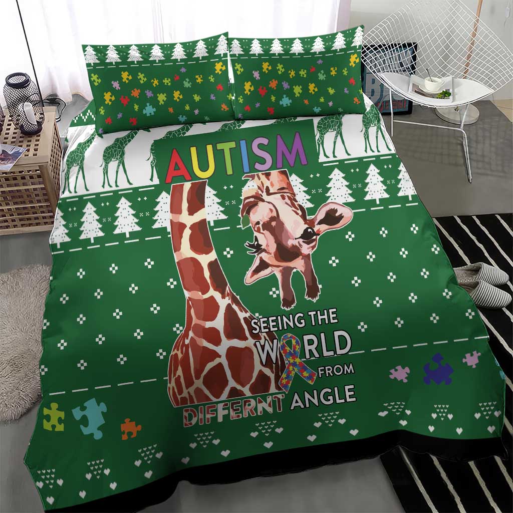 Green autism-themed bedding set with giraffe, trees, and multicolor puzzle accents on duvet