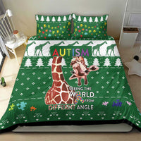 Green autism-themed bedding set with giraffe, trees, and multicolor world text on duvet
