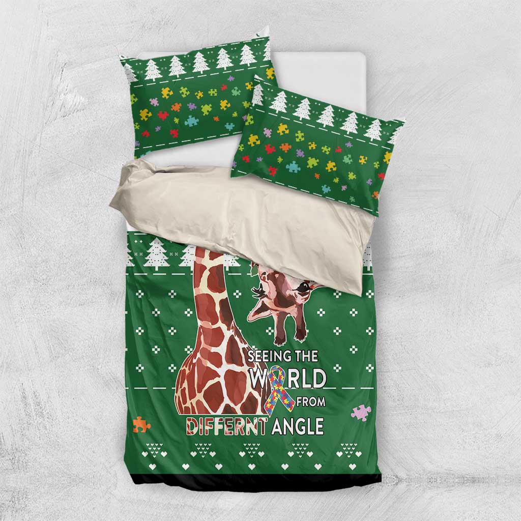 Green autism-themed duvet with giraffe and trees design, paired with two pillowcases