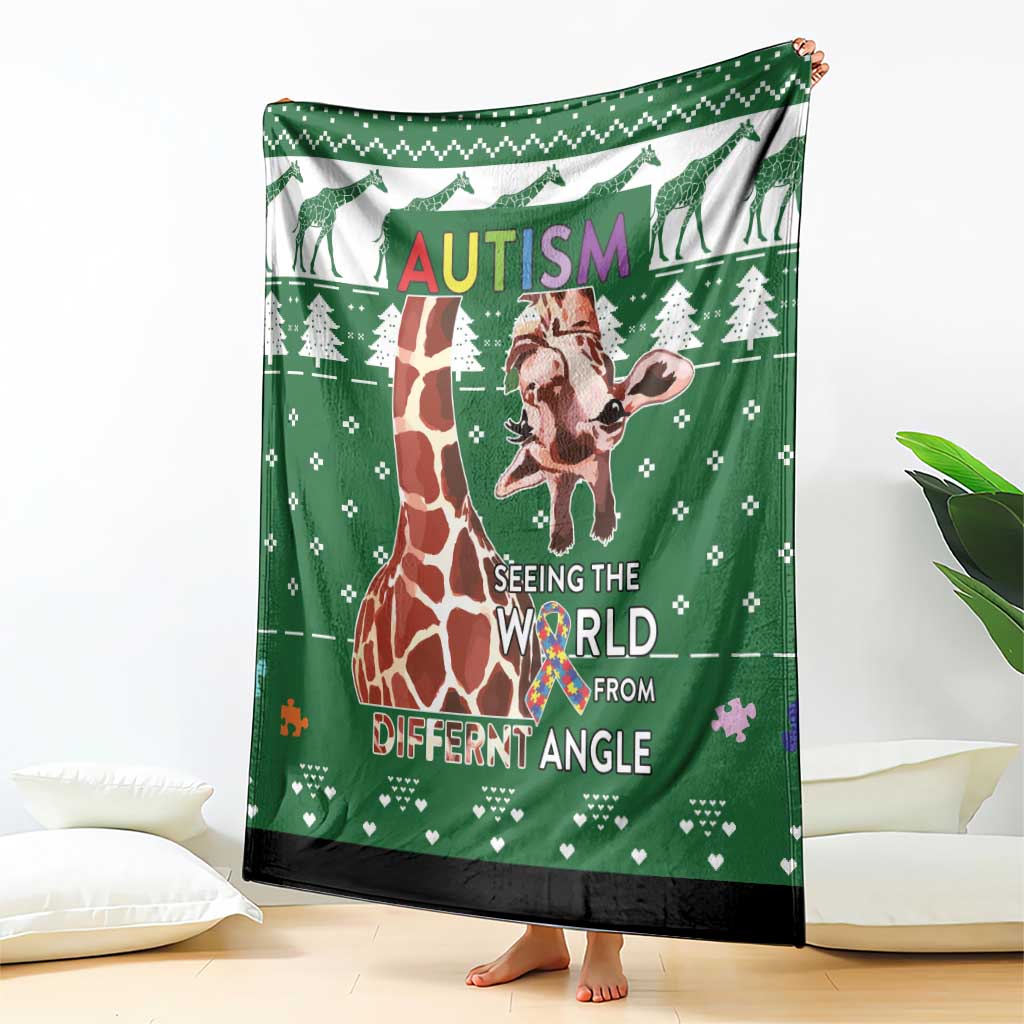 Green giraffe autism throw blanket with Seeing the World from Different Angle text