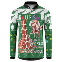 Green button sweatshirt with giraffe graphic, bold “AUTISM” and “different angle” text