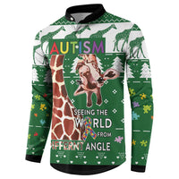 Green button sweatshirt, giraffe front graphic with colorful “AUTISM” and world text