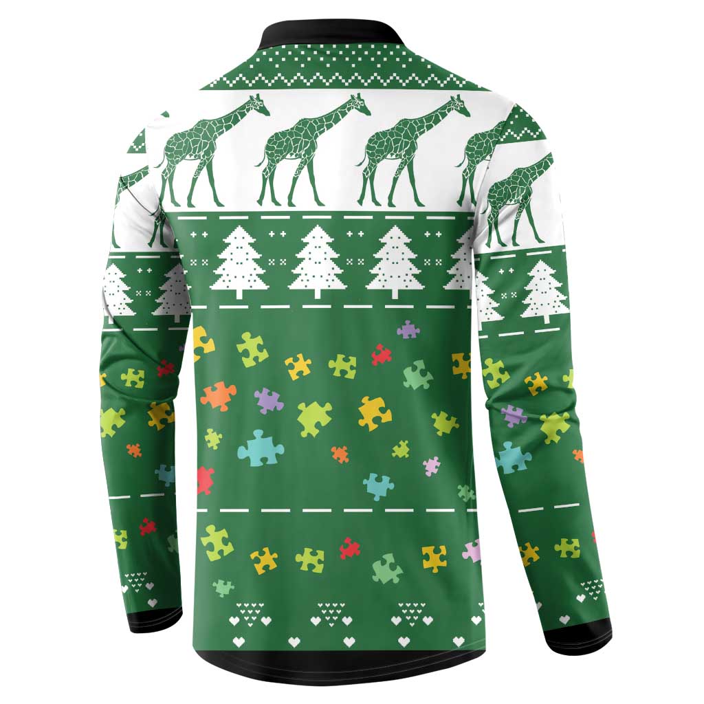 Green button sweatshirt back view with giraffe pattern, trees, hearts, and puzzle motifs