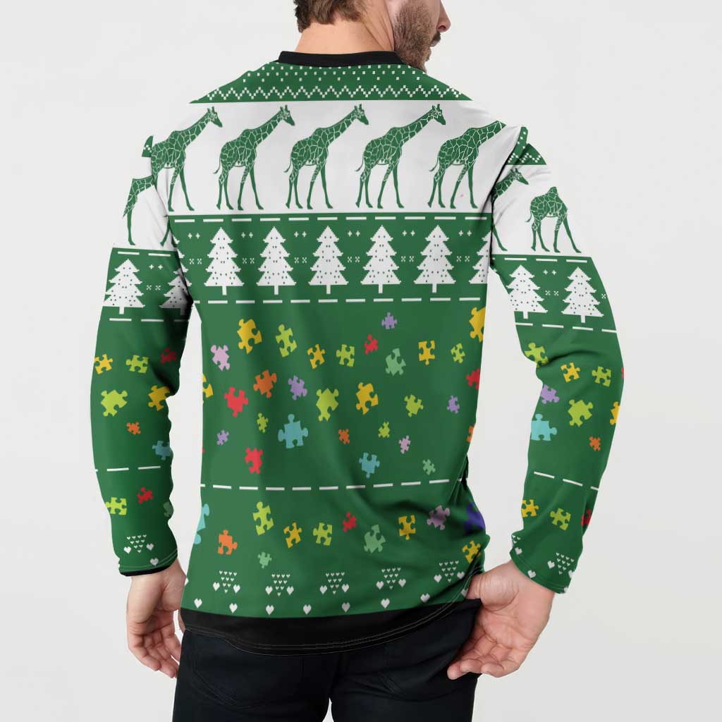 Green button sweatshirt back view on model with giraffe, tree, heart, and puzzle print