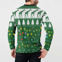 Green button sweatshirt back view on model with giraffe, tree, heart, and puzzle print
