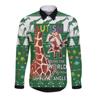 Green long-sleeve button shirt with giraffe, Autism text, puzzle and tree graphics