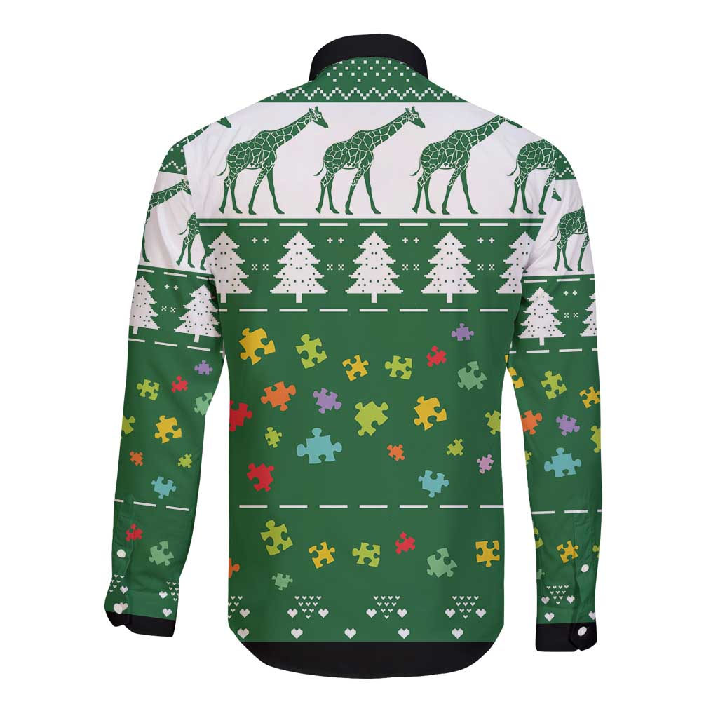 Green long-sleeve button shirt, back print with giraffes, trees, and colorful puzzle pieces