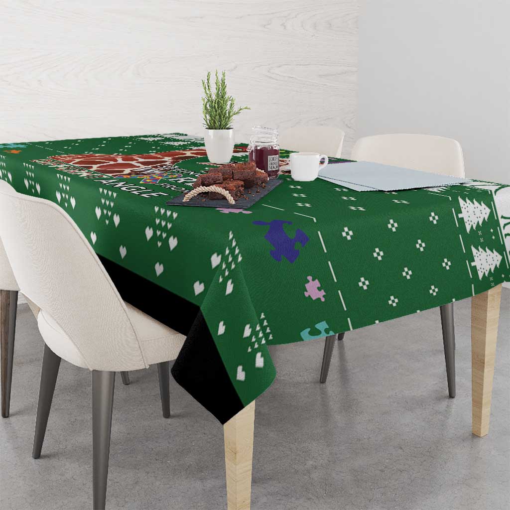 Green autism giraffe tablecloth with border icons and printed animal figures
