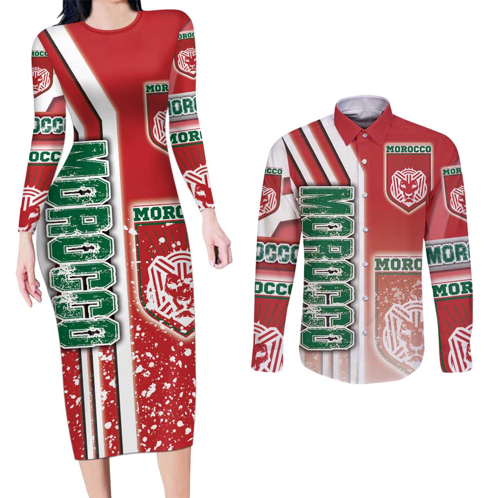 Morocco Football Couples Matching Long Sleeve Bodycon Dress and Long Sleeve Button Shirt Atlas Lions Soccer - Road To Champion