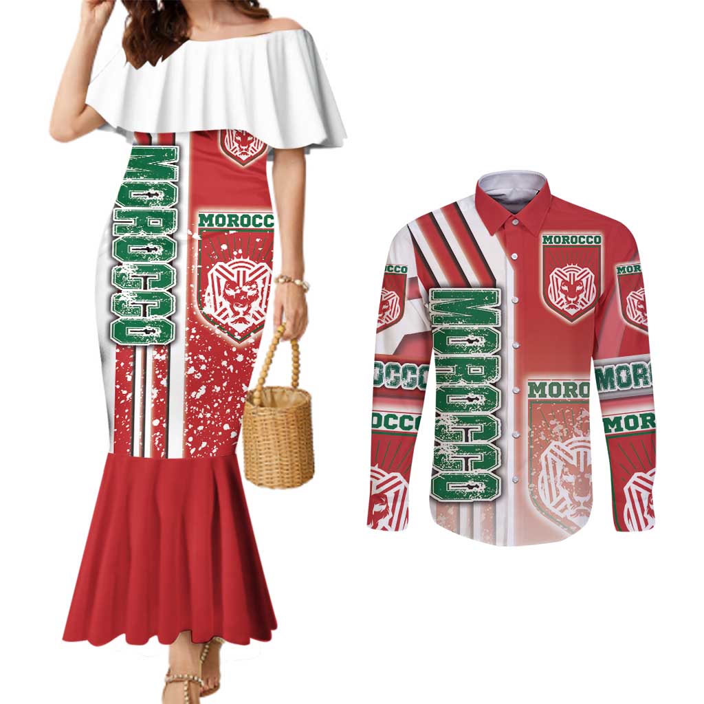 Morocco Football Couples Matching Mermaid Dress and Long Sleeve Button Shirt Atlas Lions Soccer - Road To Champion