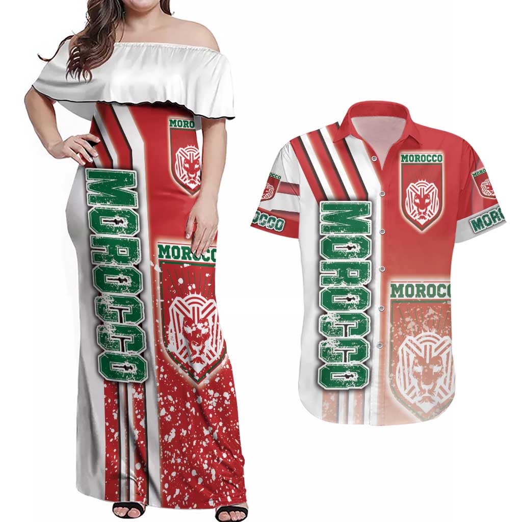 Morocco Football Couples Matching Off Shoulder Maxi Dress and Hawaiian Shirt Atlas Lions Soccer - Road To Champion