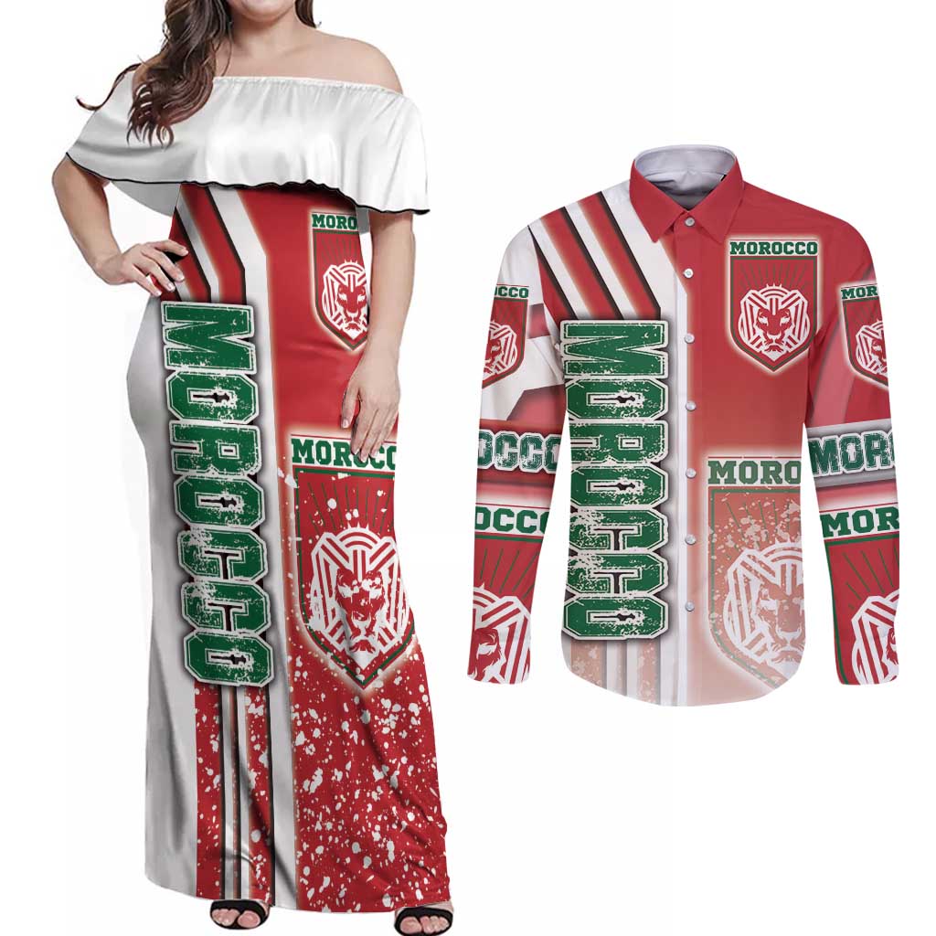 Morocco Football Couples Matching Off Shoulder Maxi Dress and Long Sleeve Button Shirt Atlas Lions Soccer - Road To Champion