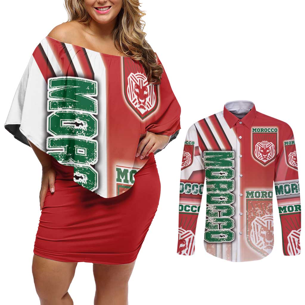 Morocco Football Couples Matching Off Shoulder Short Dress and Long Sleeve Button Shirt Atlas Lions Soccer - Road To Champion