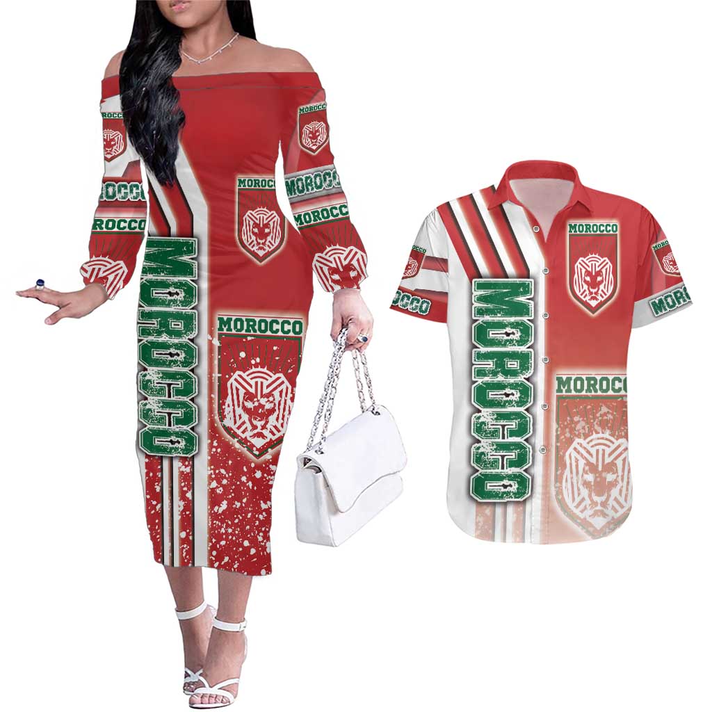 Morocco Football Couples Matching Off The Shoulder Long Sleeve Dress and Hawaiian Shirt Atlas Lions Soccer - Road To Champion