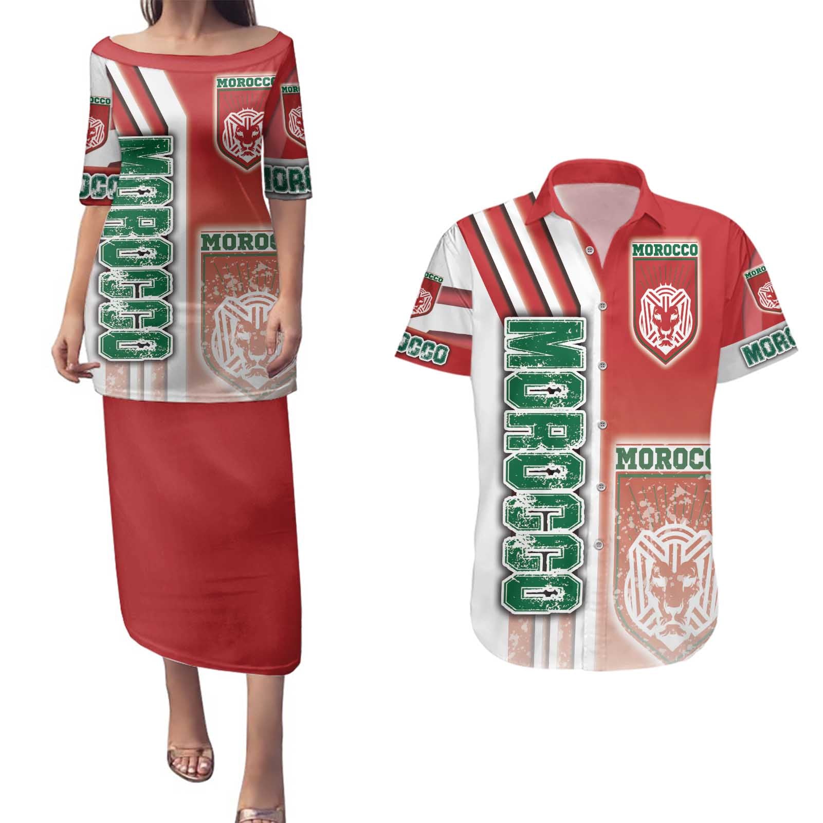 Morocco Football Couples Matching Puletasi and Hawaiian Shirt Atlas Lions Soccer - Road To Champion