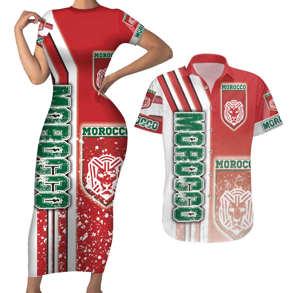 Morocco Football Couples Matching Short Sleeve Bodycon Dress and Hawaiian Shirt Atlas Lions Soccer - Road To Champion