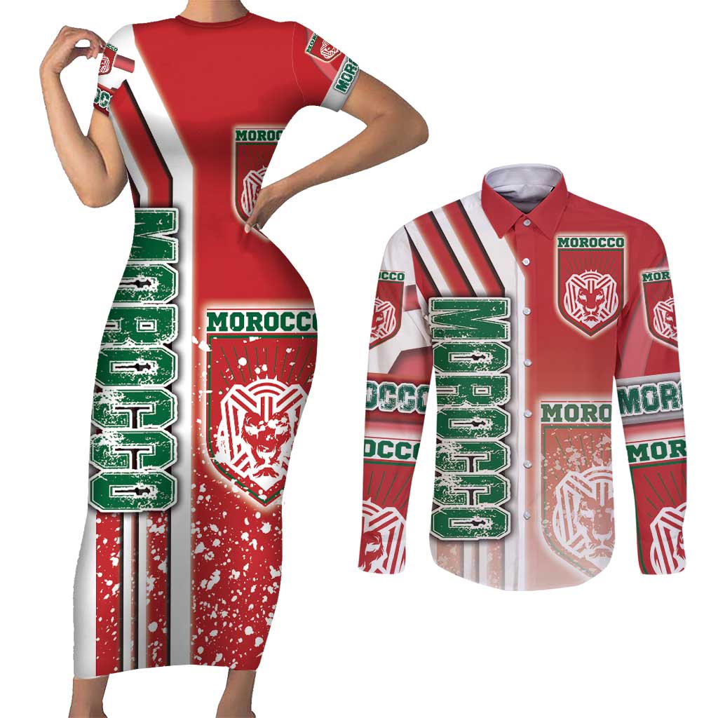 Morocco Football Couples Matching Short Sleeve Bodycon Dress and Long Sleeve Button Shirt Atlas Lions Soccer - Road To Champion