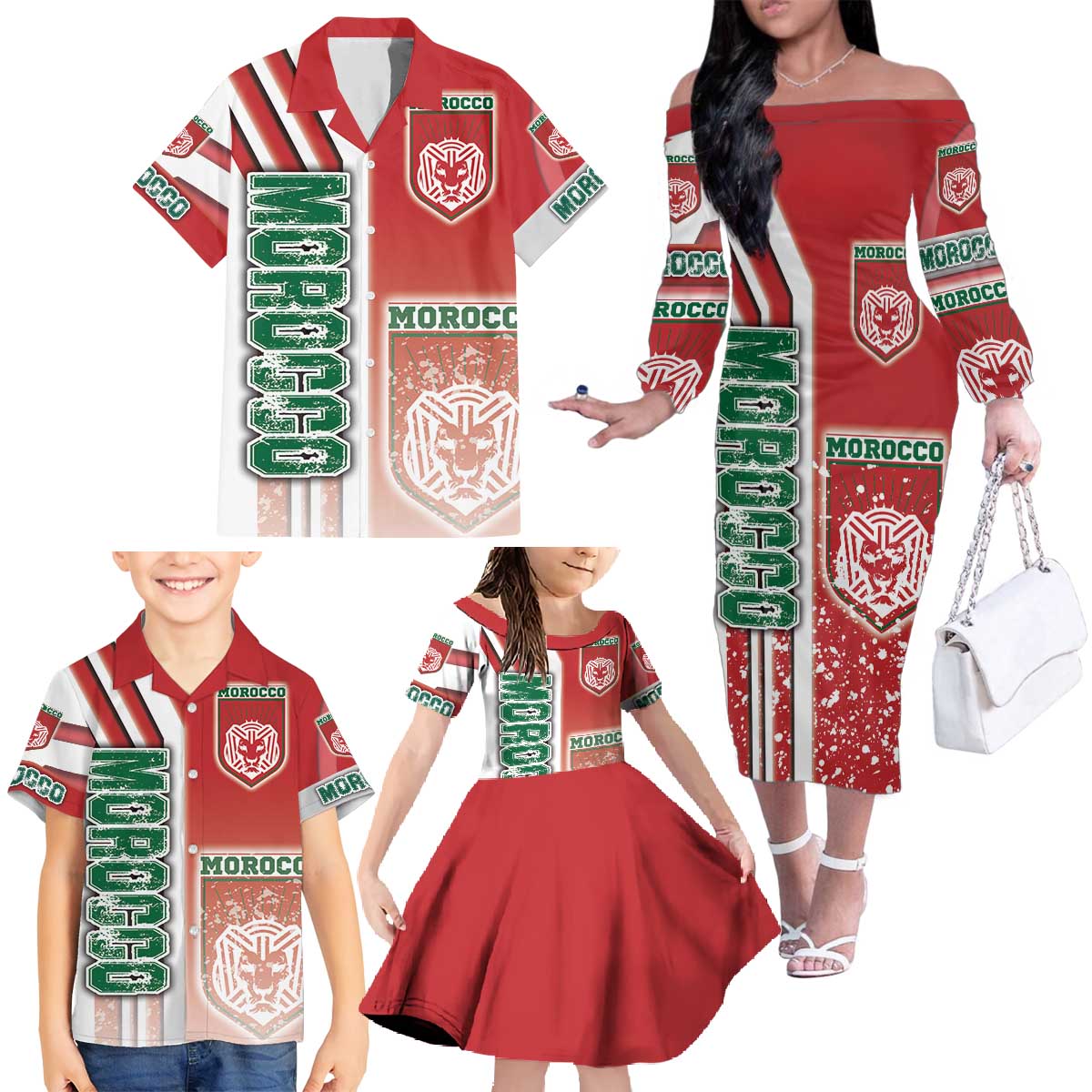 Morocco Football Family Matching Off The Shoulder Long Sleeve Dress and Hawaiian Shirt Atlas Lions Soccer - Road To Champion