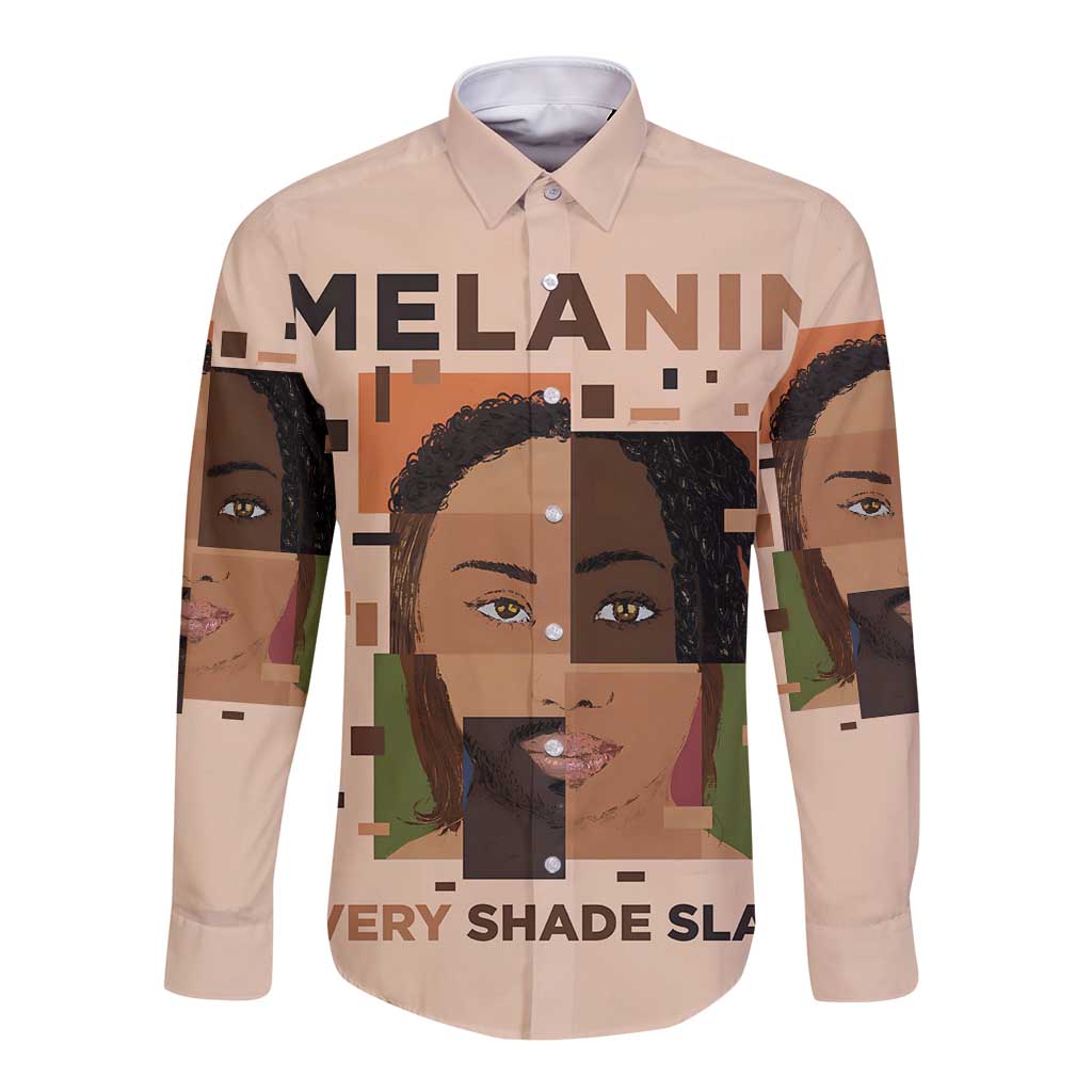 Beige long-sleeve button-up shirt with graphic portrait print on front