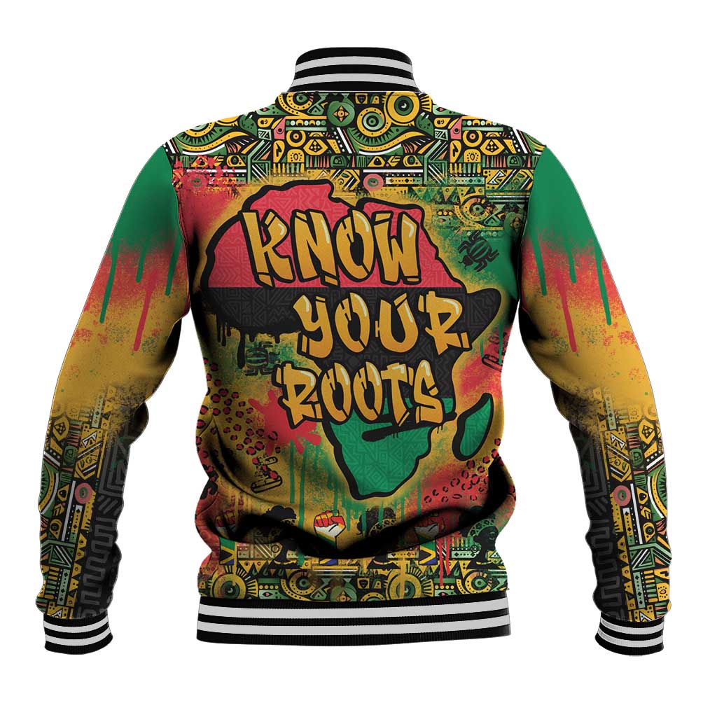 Unisex graphic baseball jacket, African map graffiti on back with striped ribbed hem