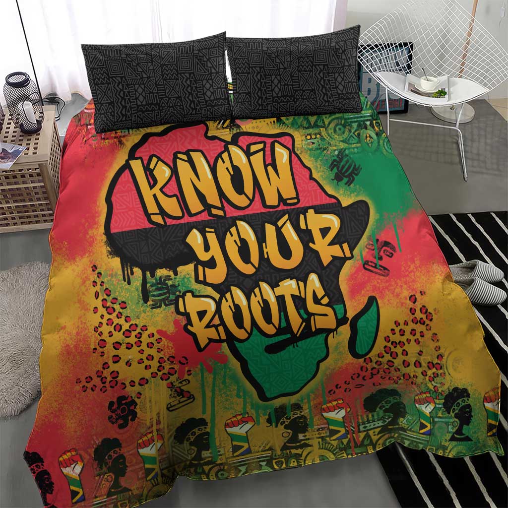 Bedding set with black geometric pillowcases and graffiti African map cover, red-yellow-green