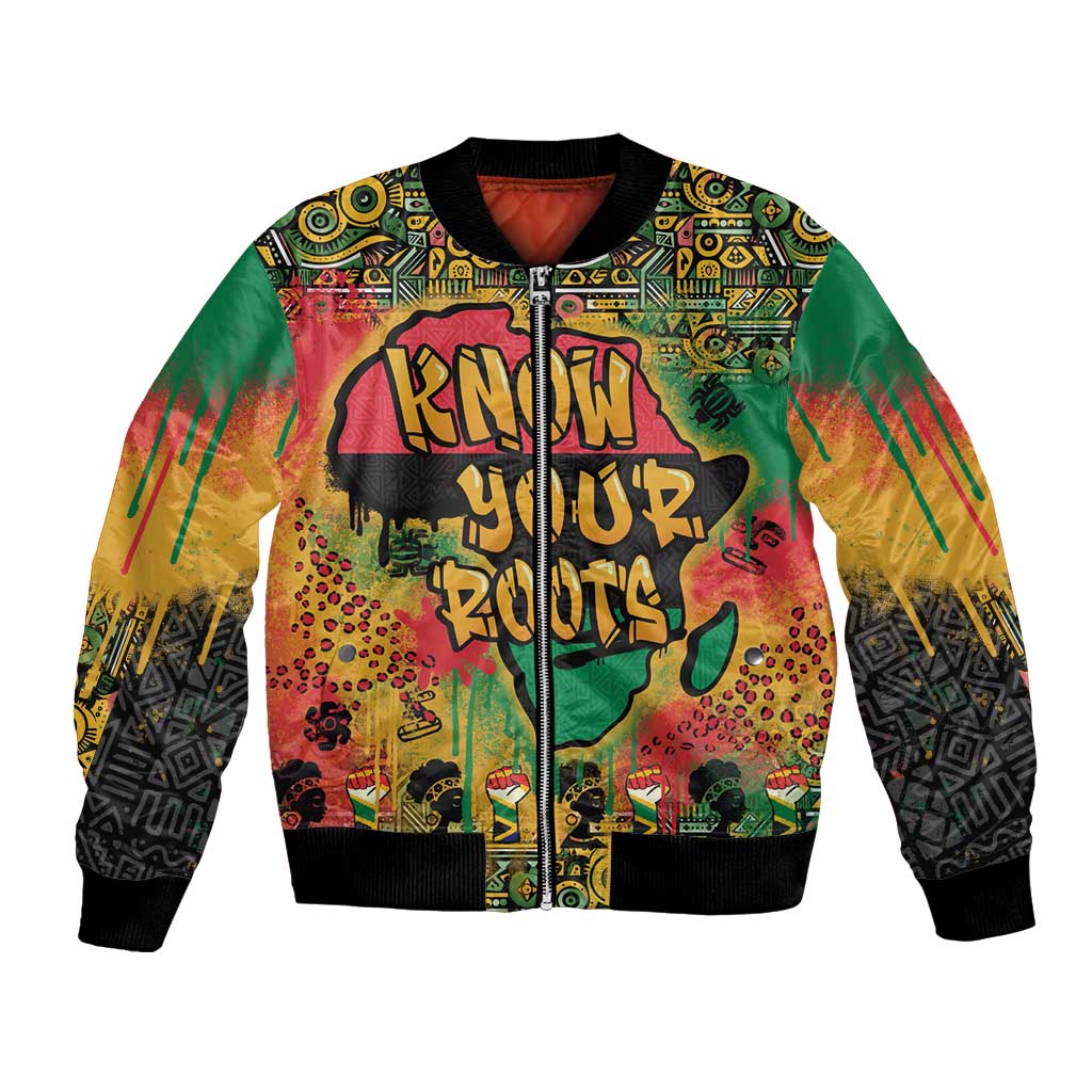 Unisex bomber jacket with colorful African map graffiti, front zip, ribbed cuffs and hem