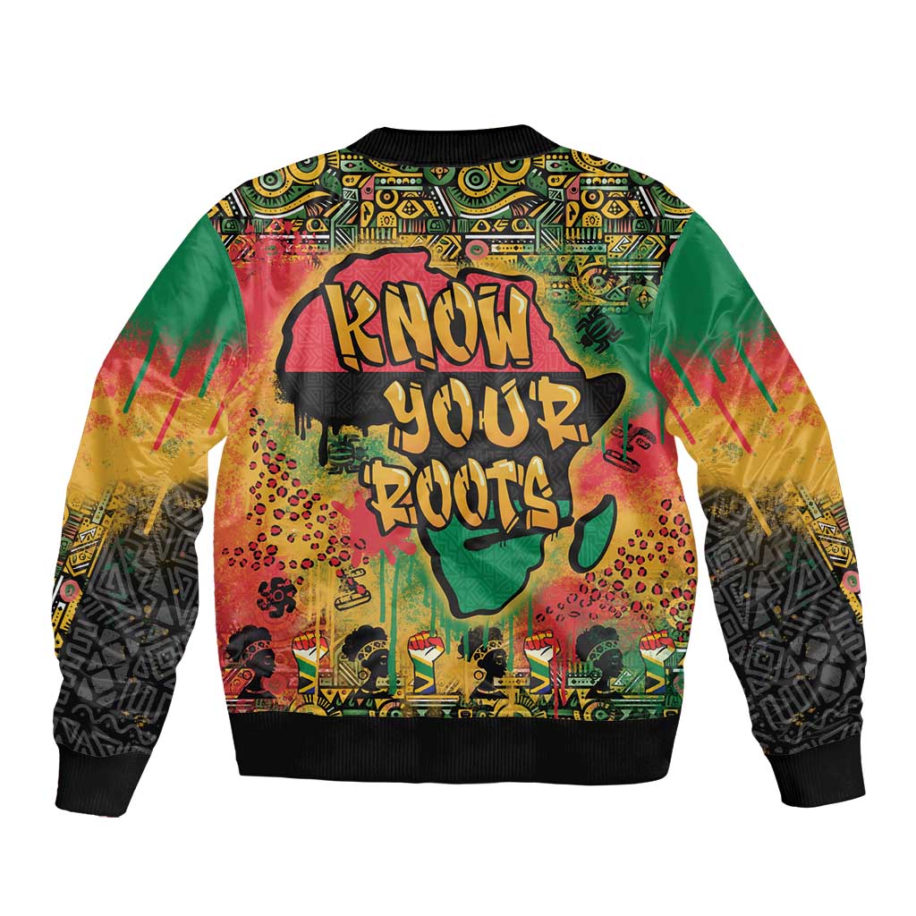 Unisex bomber jacket with African map graffiti front print, ribbed collar and cuffs