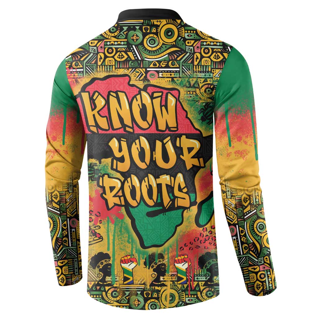 Men's graphic African map button-front sweatshirt with bold graffiti lettering, full view