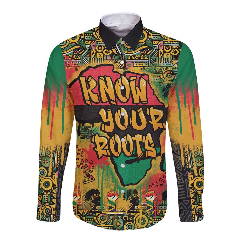 Long-sleeve button shirt with colorful African graffiti map and Know Your Roots design