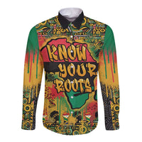 Long-sleeve button shirt with colorful African graffiti map and Know Your Roots design