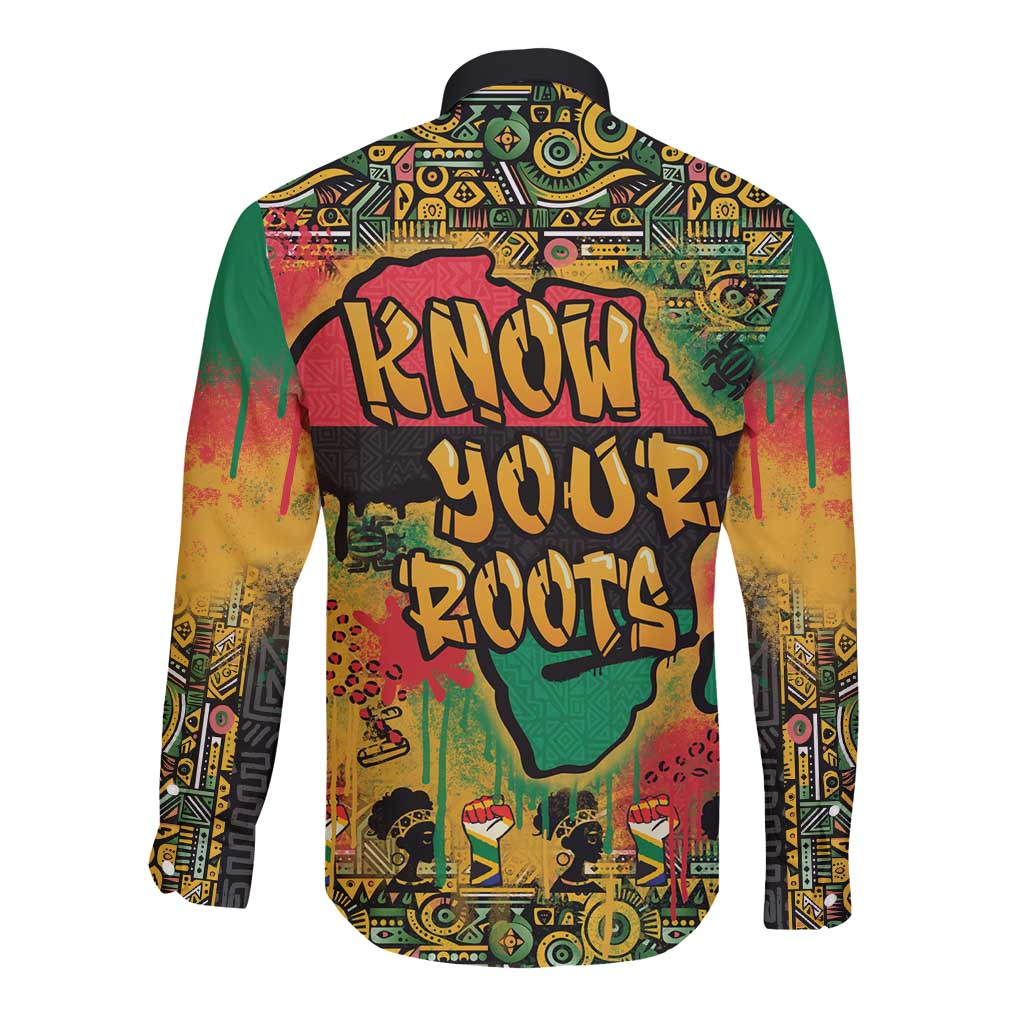 Long-sleeve button shirt, back view, colorful African graffiti map with Know Your Roots text