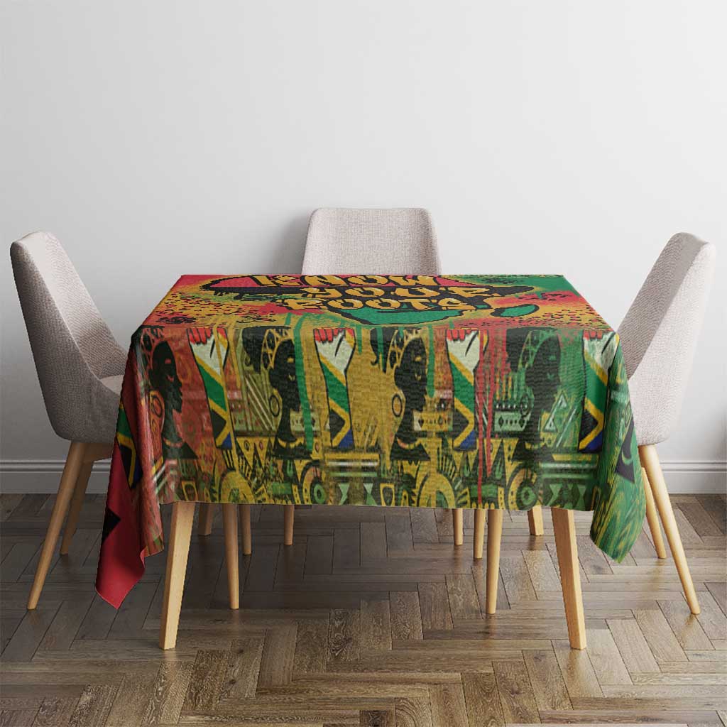 Small square graffiti African map tablecloth on dining table with four chairs